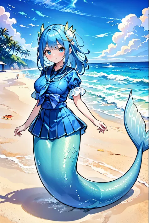 masterpiece, best quality(full fingers),a woman,large breasts,mermaid,blue shirt,blue skirt,藍色的mermaid尾巴,full-body shot,beach,躺在...