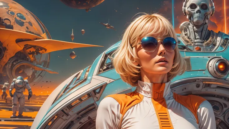 arafed image of a white woman in a futuristic suit with a spaceship in the background, movie art, in front of an orange background, inspired by Robert McGinnis, female protagonist, megastructure in the background, portrait of an ai astronaut, astronauts, a...