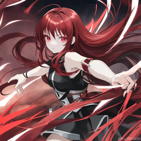 Anime girl with flowing dark red hair without bangs and green eyes in battle