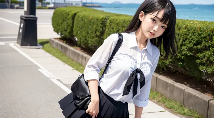 Japanese high school girl wearing a white blouse, Black pleated skirt, The look of temptation、Side Up、curly hair、In front of the sea、Looking at this