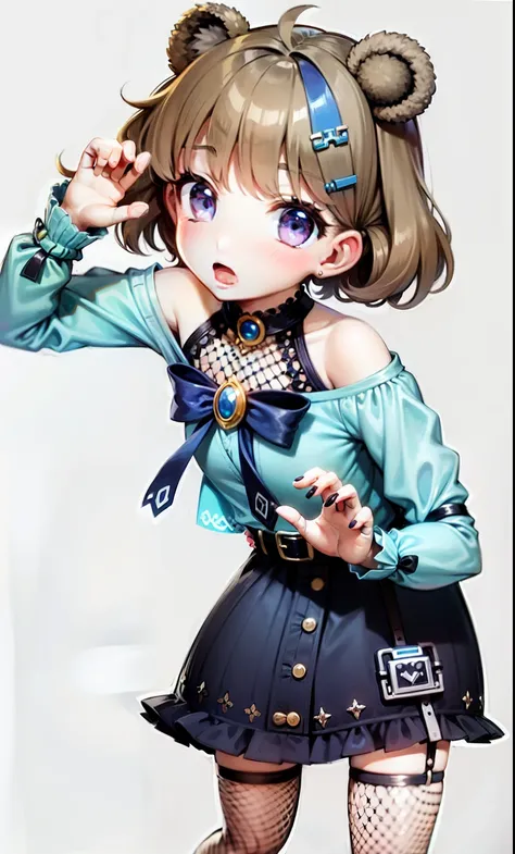 masterpiece, best quality, 1girl, bear ears, brown hair, streaked hair, blue eyes, grey eyes, bear hairpins, neck belt, green cardigan, blue dress, blue ribbon, chest ribbon, chest jewel, blue jewel, yellow jewel, green jewel, arm belts,buttoned dress, leg...