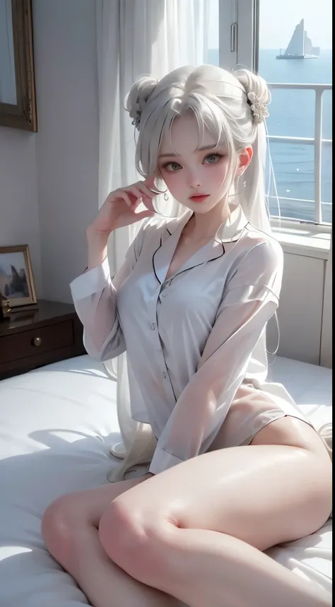 （In 8K、Raw photo、highest quality、High resolution、masterpiece：1.2)、White Tone，White， ，，White Hair，Gray Hair，白いbed，Transparent silk pajamas ，Luxury cruise ship cabin、Suite Room、bed、sunny、balcony