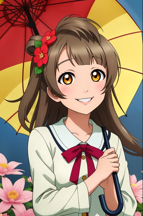 Masterpiece, best quality, (detailed face),solo, minami kotori, smile, holding, upper_body, flower, umbrella, holding_umbrella