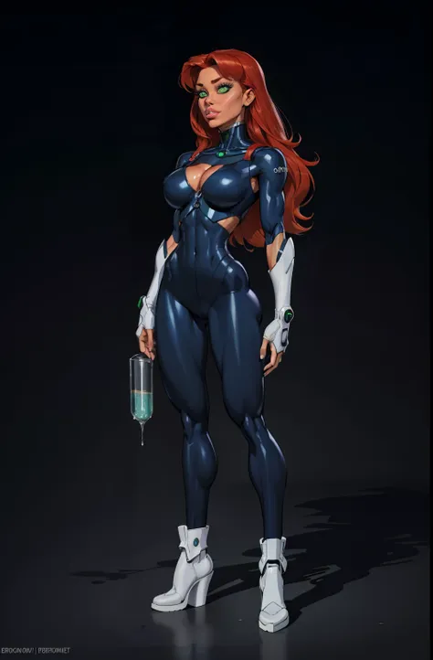 full body, standing on her feet, futuristic background, sexy appearance, starfire, red hair, ((orange skin)), breasts together, cleavage, makeup, (purple suit), mascara, long hair, beautiful eyes, large iris, ((green eyes)), Lips are soft or colored, simpl...