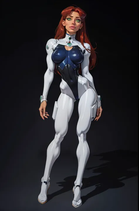 full body, standing on her feet, futuristic background, sexy appearance, starfire, red hair, ((orange skin)), breasts together, cleavage, makeup, (purple suit), mascara, long hair, beautiful eyes, large iris, ((green eyes)), Lips are soft or colored, simpl...