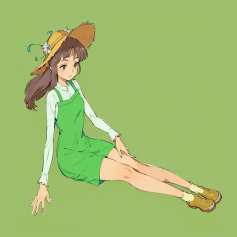 chica anime con vestido verde tirada en el suelo con las piernas cruzadas, estilo en el anime ghibli style, pose relajada, The character is in his natural pose., chihiro! fujisaki, Ghibli Art Style, estilo en el anime ghibli, cuerpo completo:: Tiempo solea...