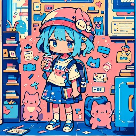 1 girl, short pink and blue hair, design on her t-shirt with kawaii, stickers on her face, a kawaii backpack with many keychains...