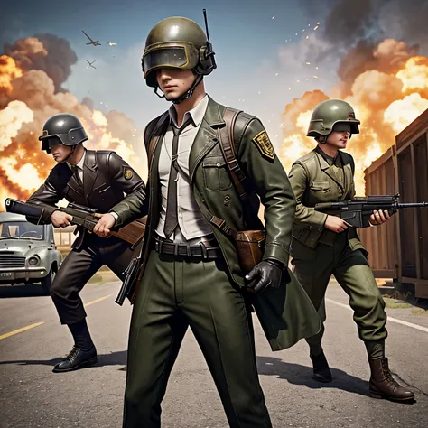 "Create an artwork for a game cover inspired by the theme of PUBG and the aesthetics of 1940s swing music. The cover should feature a vibrant and energetic scene set in a PUBG-like battlefield, but styled with swing era elements. Include a solo character w...