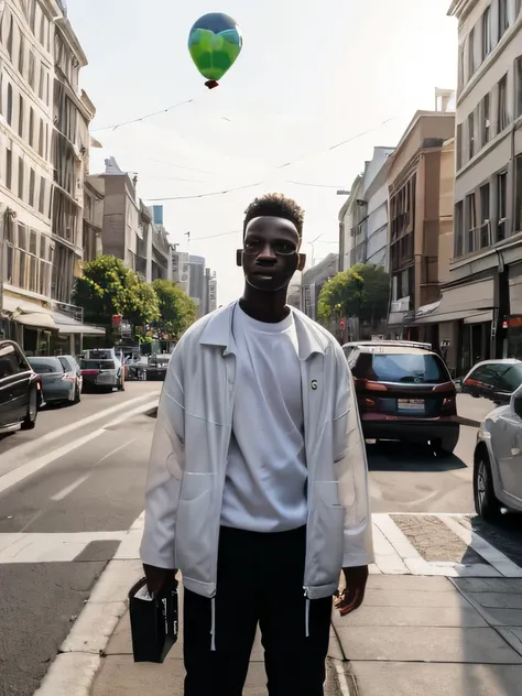 male, Street, whole body, Street Snap, Black balloon pants, White sheer shirt,White balloon sleeve jacket as outerwear