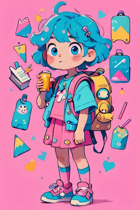 1 sticker, 1 girl, short pink and blue hair, design on her kawaii t-shirt, a kawaii backpack with many keychains and decorations...