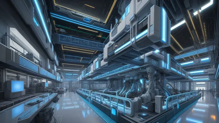 Future sci-fi world,Note in the future,Sci-fi scene,Bright and clean modern factory,Control the device，Instrument Arrangement，3 floors of space,elevator, Electronics Factory, Intelligent assembly line,Machinery production,technician,Control the device, A l...