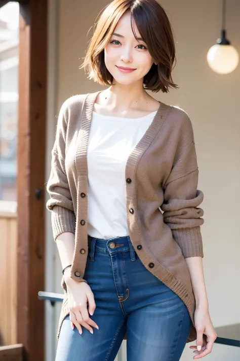 Digital SLR camera image, Professional lighting, Adult woman in her 30s, Cute, Single, Skinny, Natural light, Cardigan, Jeans pants, Short hair: 1.2, Japan persons, Smile: 1.4, Brown hair