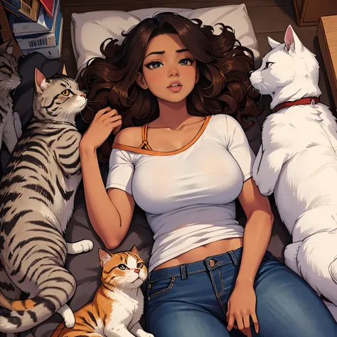 (1) Gorgeous African American black skinned woman, (long curly brown hair), wearing African orange short sleeve casual top, blue short jeans, she is piled up by a bunch of cats on the floor