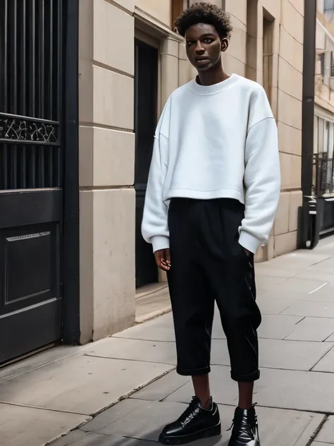 Black shoes, Black wide cropped pants, Off-white oversized sweatshirt,whole body,male