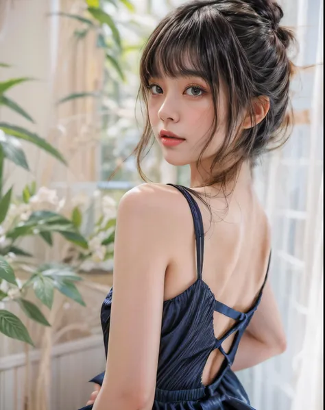 masterpiece、highest quality、cinema、(cute japanese woman、bangs:1.3)、23 years old、1 girl、elegant、black hair、warm、backless dress、turn around, (((floating hair)))