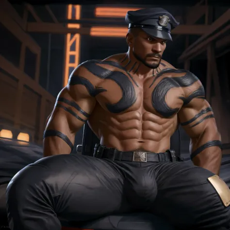 A (muscular), masculine, handsome (police officer) wearing a ((police uniform, police cap):1.2) (sitting on the hood of a police cruiser) with his legs spread apart. High quality, best quality, masterpiece, realistic, photorealistic, (((((whole body))))), ...