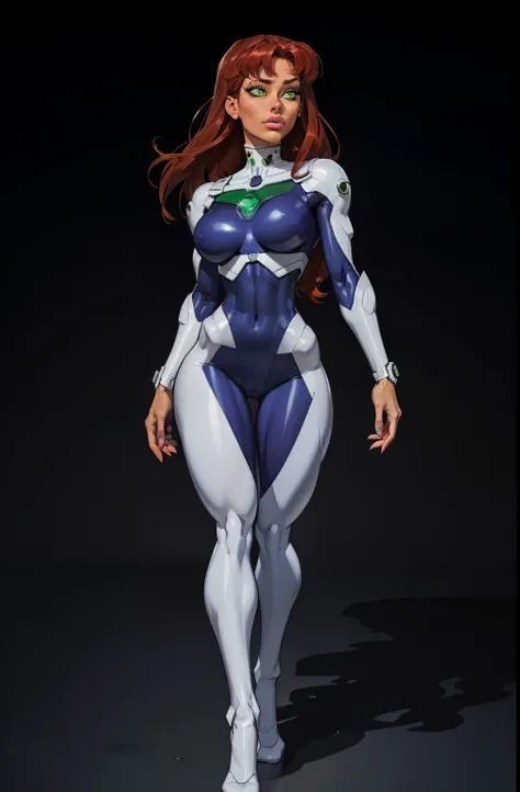 full body, standing on her feet, futuristic background, sexy appearance, starfire, red hair, ((orange skin)), breasts together, cleavage, makeup, (purple suit), mascara, long hair, beautiful eyes, large iris, ((green eyes)), Lips are soft or colored, simpl...