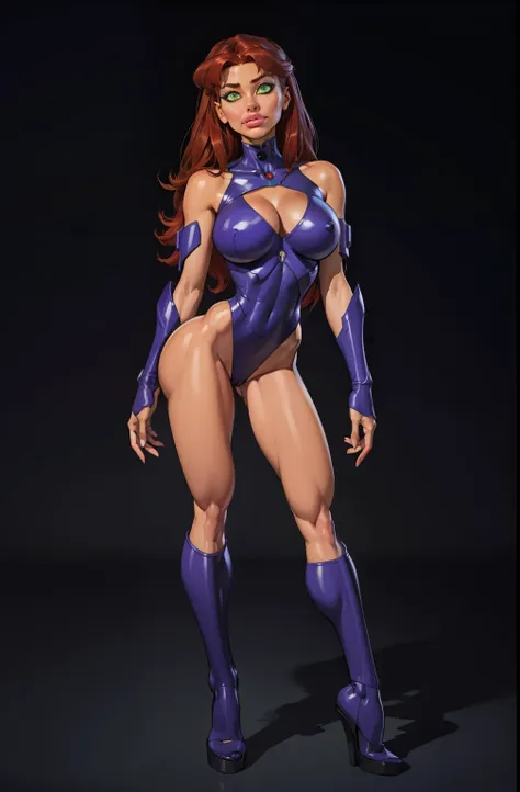 full body, standing on her feet, futuristic background, sexy appearance, starfire, red hair, ((orange skin)), large breasts,breasts together, cleavage, makeup, (purple suit), mascara, long hair, beautiful eyes, large iris, ((green eyes)), Lips are soft or ...