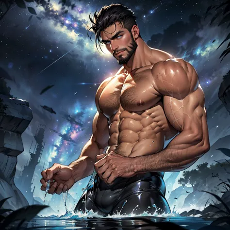 Man with rugged features, stubble-covered jaw, and thick eyebrows, intently focuses on a clear, crystalline pool of water nestled within an empty, vast landscape of the galaxy. His muscles are defined and beefy, clad in a well-worn spacesuit. The intricate...