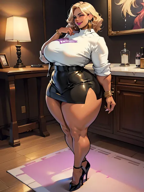 Detailed CG artwork, (highest quality, Exquisite details, An absolute masterpiece), (Head to toe images)), ((Full body image)),(Plus Size Model)), (((Dark mahogany skin))),(((Light blonde))), (alone,beautiful mahogany black skin、Pencil Skirt),be familiar w...