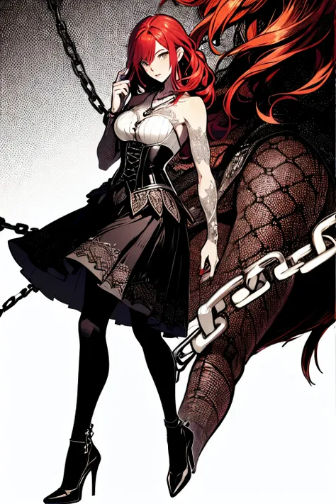 A woman wearing a corset, full skirt, long hair in a ponytail, red hair,high heels, phoenix tattoo on her back(art, best quality, ultra-detailed, high contrast), black transparent tights, detailed background ()) detailed face, hyper detailed eyes, detailed...