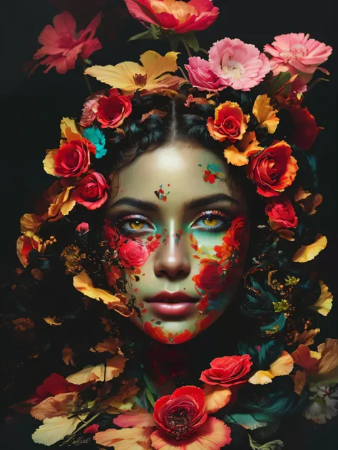 um close de uma mulher com flores no cabelo, inspired por Alberto Seveso, Belo retrato surreal,  com cara de flor, bela arte uhd 4k, linda arte digital, cheerful woman made of petals, por Alberto Seveso, Artistic Portrait Photography 8k, mulher em flores, ...