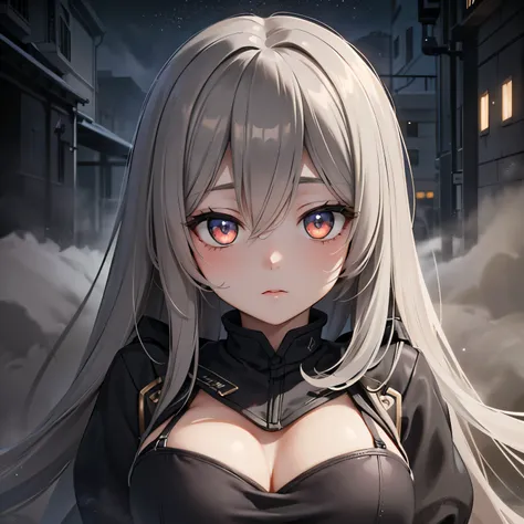 (masterpiece,best quality,ultra-detailed),1girl, large breast, glowing eyes,long hair,(((dust beauty girl))),beautiful and detailed face, detailed eyes,night,dust particles in the air,((grey theme)),((((dust theme)))),