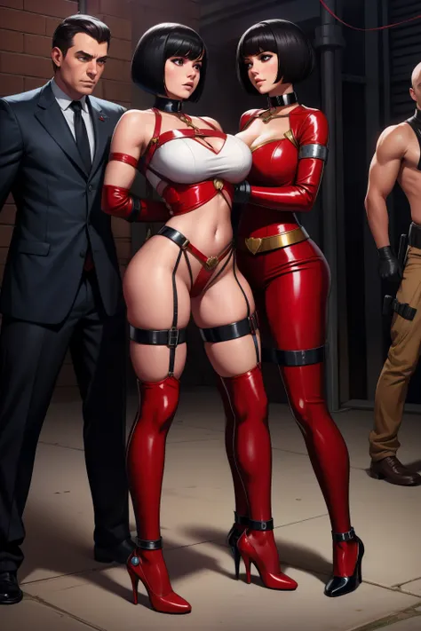 super girl, heroine, costume, beautiful white girl, bobcut, black hair with red highlights, high heels submissive, slave collar, tied up with rope, keeling, captured, bondage, restrained, in public, hands behind back, surrounded by thugs