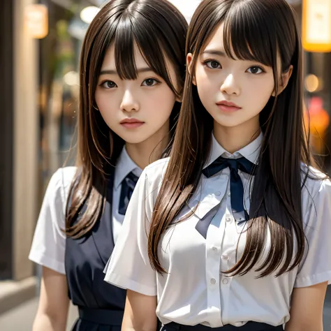 masterpiece, highest quality, 8k, 85mm Portrait, Absurd, beautiful girl, (night, Upper Body:1.5), cute, street, (school uniform, White shirt, Short sleeve, dark brown gray pleated skirt, dark gray tie:1.2), Long Hair, thin, neon, (Lianyungang City, He appr...