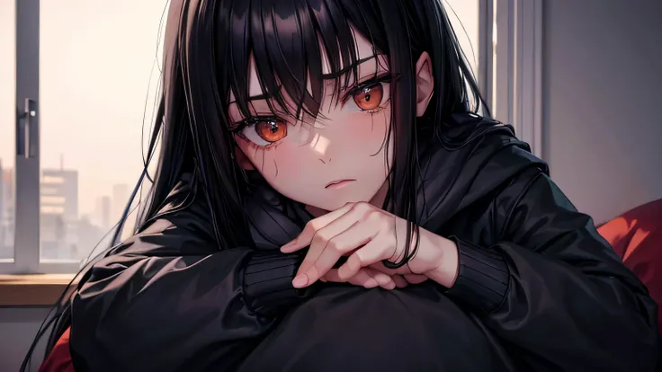 Night,
Outside the window, night,
Woman,
Black hair,
Long hair,
Only one person is depicted,
Oversized hoodie, 
Sleepy expression, 
Dimly lit room, 
relaxing,
on the sofa,
Detailed facial expression, 
detailed facial expression, detailed description of hai...