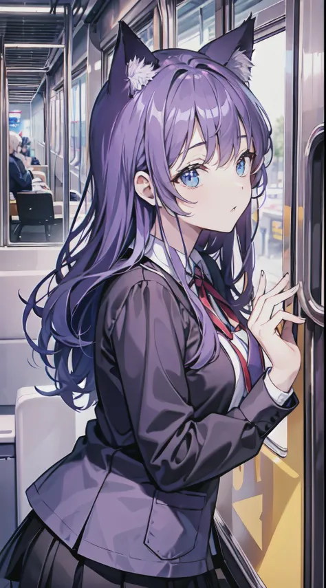 Adult women,Purple Hair,Wearing black school uniforms,Back, masterpiece, high quality,Blank Background,Blue Eyes,Black cat ears,on the train carriage