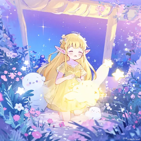 complex background, wishing star background, beautiful cute elf girl wearing an ethereal mystical golden translucent dress that reflects the stars, mystical, magical, fantasy, complex drawing, highly detailed, ethereal, starry night, midjourney style, flow...