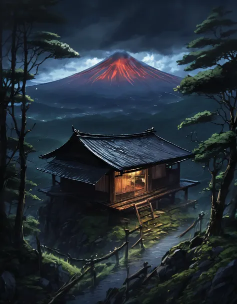 (hopeless art), view from mountain, lone japan medieval hut, wet japan forest, hopeless landscape, far volcano, lone mechanized medieval girl, gloomy sky, dark night, rain, (dark lighting), many shadows, cold lights, highly detailed, extremely detailed, ma...