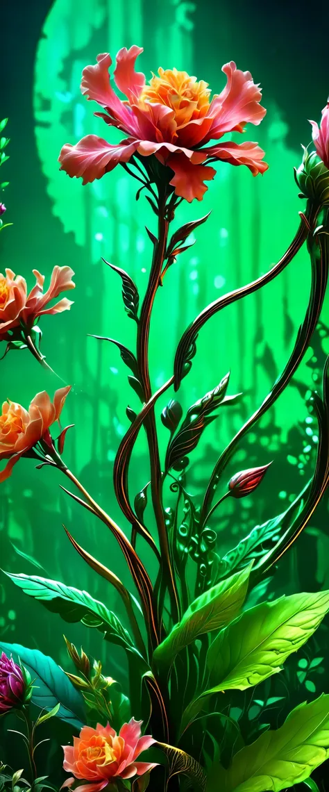 flowers, Long stems, Wide buds, mystical – необычные flowers, scattered throughout the composition. big, juicy, Black buds, red stems, ((Magic glow)), ((3D painting, digital painting, High craftsmanship)), the best works of digital painting, High detail el...