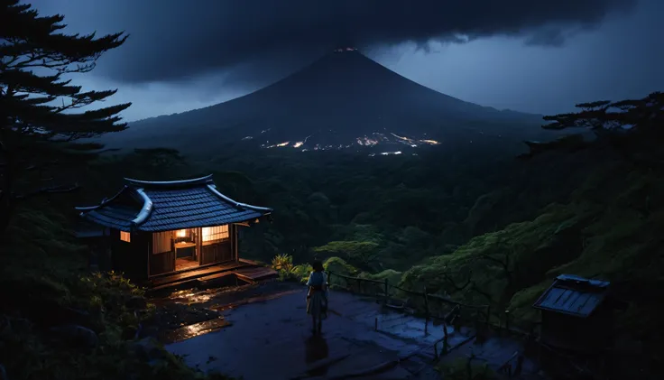 (hopeless art), view from mountain, lone japan medieval hut, wet japan forest, hopeless landscape, far volcano, lone mechanized medieval girl, gloomy sky, dark night, rain, (dark lighting), many shadows, cold lights, highly detailed, extremely detailed, ma...