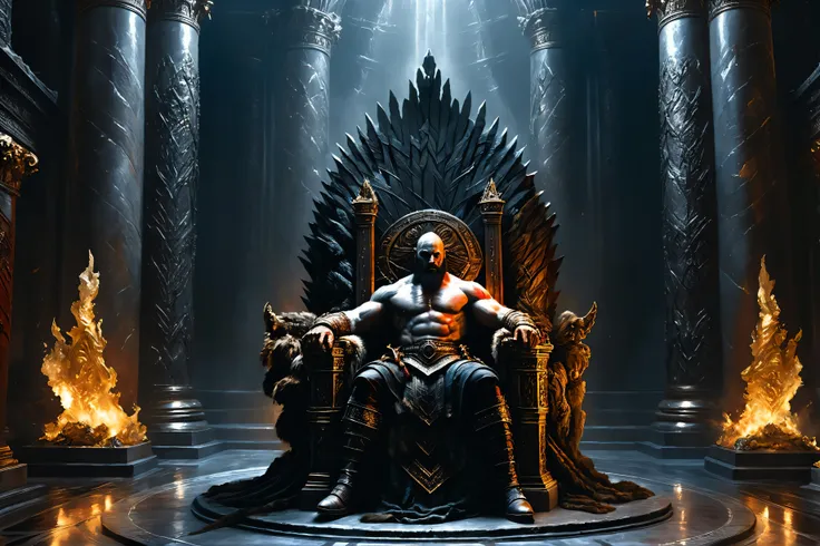 a man sitting on a throne in a dark room with flames