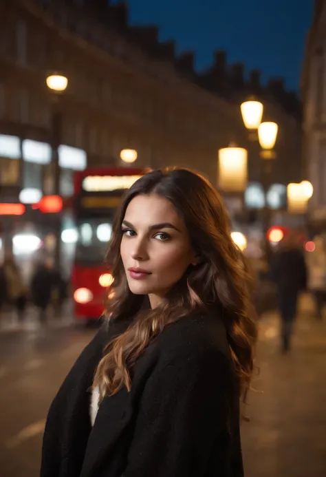 ( fotografia de alta qualidade) Italian women, dark blonde hair styles, long hair, flowing black and white pipit oversize jacket, cabelos pretos, Outdoor night London  streets , neon lights and red buses in background, street photography, Noite, lamps, des...