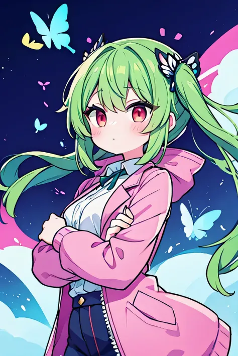 girl with green hair and red eyes, wearing pastel pink jacket and butterflies on the background