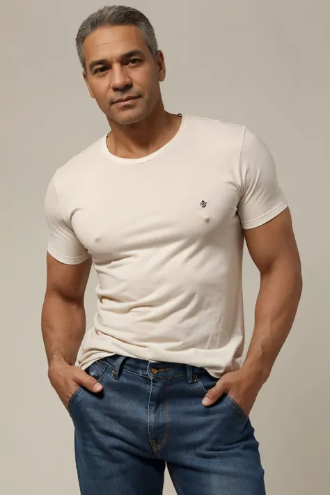 handsome man around 50 years old wearing jeans and thank top on a neutral background