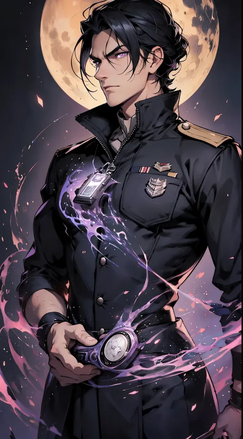 Adult male,Black hair,Wearing black military uniform,Contemptuous expression, masterpiece, high quality,Blank Background,Purple Eyes,Middle-aged men，black magician，Bloodborne curse style