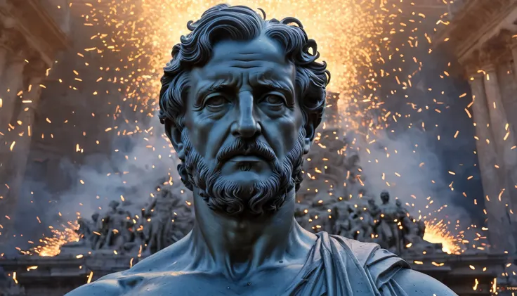 statue of the stoic Heraclito Efesos focus front face captured in the heart of Roma, with the grandeur of an epic Steven Spielberg movie still, cinematic, showcasing sharp detail, bathed in the glow of 4k ultra HD, encapsulated in surrounding mystic smoke,...