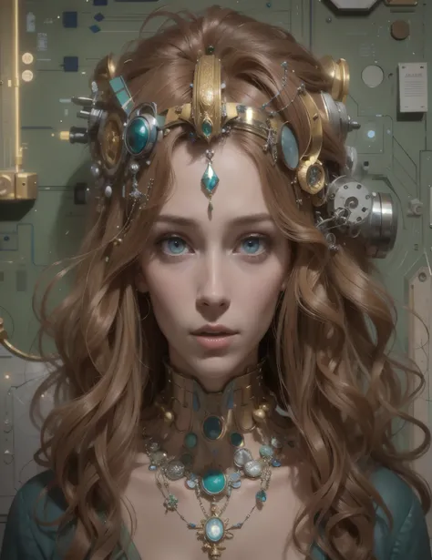 crowned woman with a necklace and a necklace made of electronic components, portrait d'une reine cyborg, travail complexe, portrait d'A mechanical girl, hyperrealistic art nouveau, cyberpunk rococo, art nouveau octane render, Highly detailed 4K dig...