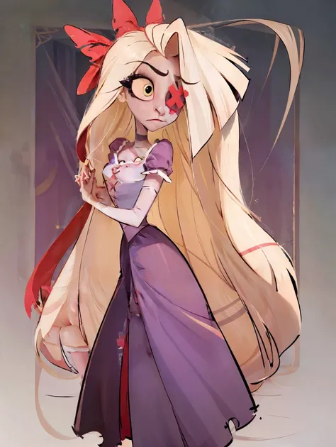 1 girl, solo, masterpiece, best quality, illustration, vaggie from Hazbin hotel dressed up as Rapunzel, perfect fusion, Vaggie, extremely long white hair, red ribbon on back of head, red x on one eye, one eye covered by hair, purple rapunzel dress, Good sh...