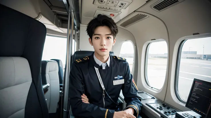 Pilot, captain, stewardess, Korean male, front view, alone