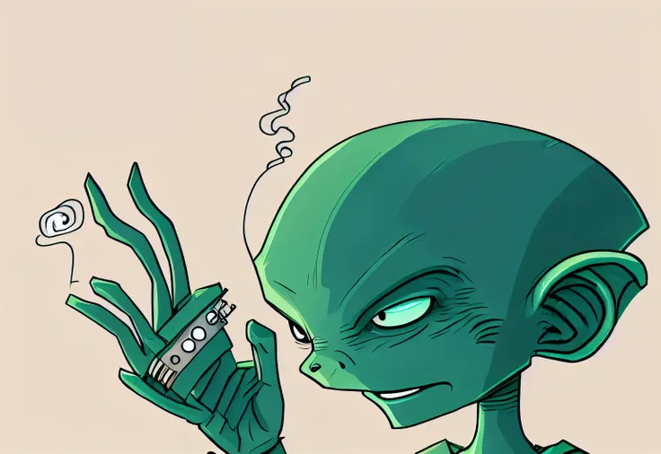 Cartoon alien smoking a cigarette with his hand up, space alien, gray alien, alien project, alien like, gentle alien, reptilian space alien, alien art, realistic alien, alien vibes, portrait of a space alien, alien appearance, radiant alien, alien girl, Fe...