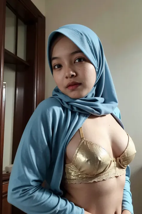 (Wearing Blue Bra Lingerie), (((HIJAB MALAY GIRL))), masutepiece, High quality, UHD 32K, Realistic face, Realistic skin feeling , A Malay Lady, 48 years old, , Very cute and baby-like face, (((FLAT CHEST))), (MATRIX WORLD), ((look In front  at the camera a...