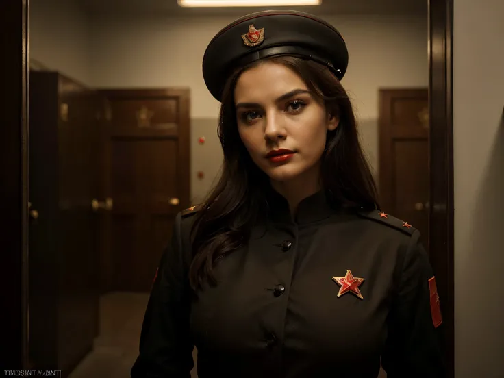 sexy woman as soviet officer, detailed eyes and lips, military uniform, confident expression, standing tall, dramatic lighting, dark and moody, oil painting, best quality, ultra-detailed, realistic colors, vintage style, authoritative demeanor, sharp focus...