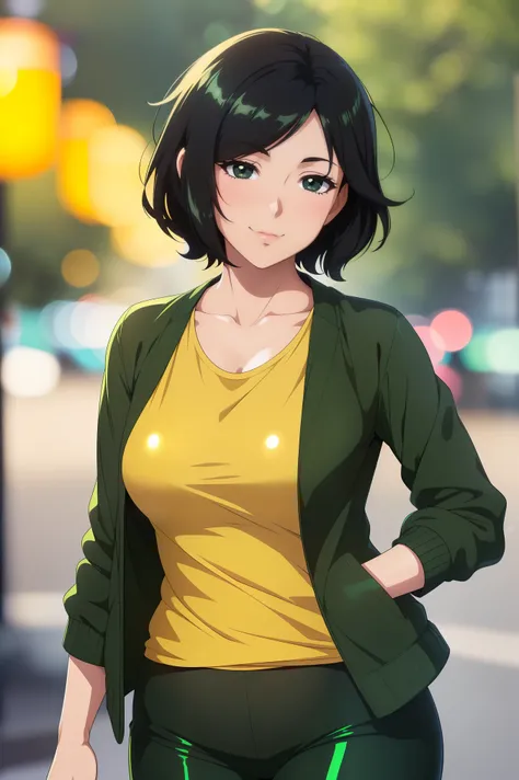 (best quality, absurd res:1.3),(illustration:1.1),(bokeh photography:1.1) ((anime style)),perfect lighting,1 mature female, mature looking, beautiful face,(light smile:1.1),(shiny skin:1.3),(bashful:1.1), ((dark yellow T-shirt, dark green jacket, black eye...