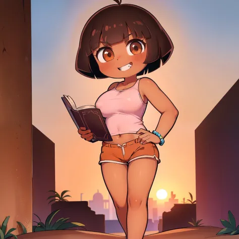 ((masterpiece, best quality)), full body, (solo 0.6), 1 girl, Dora, bracelet, (dark skin 0.6), dark brown hair, short hair, brown eyes, sunset, desert ruins, pink top, orange shorts, holding a book, large breasts, grinning, standing, sexy