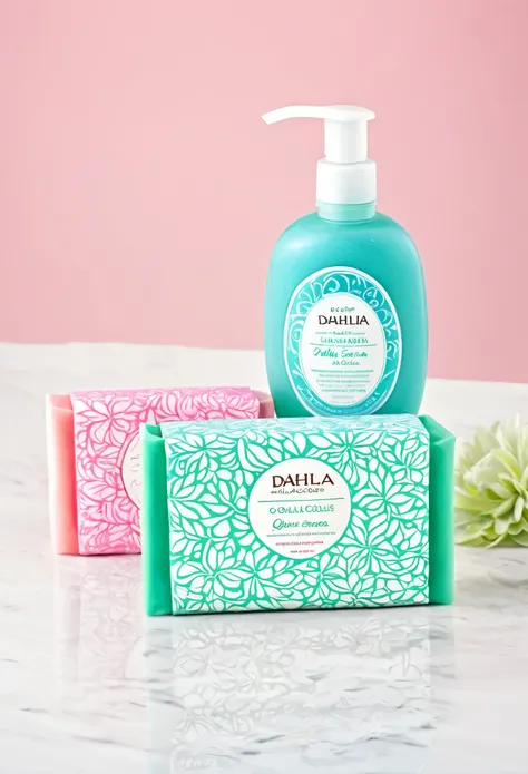 Create an image where you present feminine products such as bar soaps, toallas femeninas, cremas, shampoo, que tengan una etiqueta que diga Dhalia en cursiva, que estos sean de colores pasteles principalmente azul, rosa y verde. 